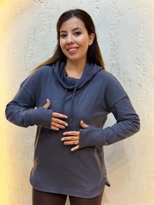 Parmak Geçirmeli Boyunluk Detaylı Kapüşonlu Hoodie Füme Mavi