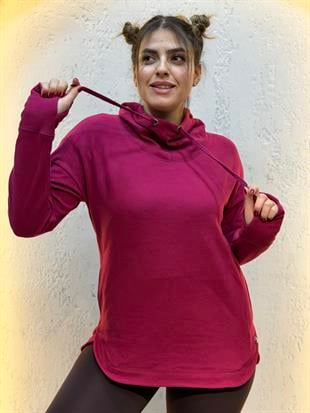 Parmak Geçirmeli Boyunluk Detaylı Kapüşonlu Hoodie Vişne Çürüğü