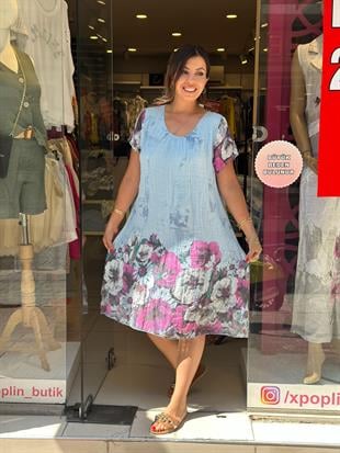 Pembe Çiçek Desenli İthal Elbise Bebe Mavisi