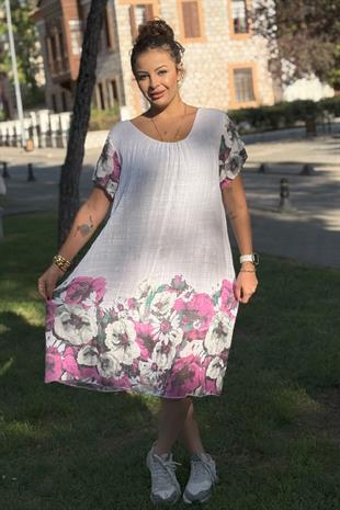 Pembe Çiçek Desenli İthal Elbise Beyaz