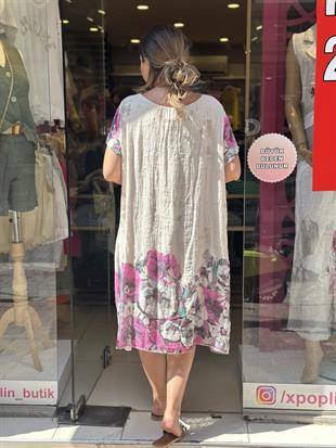 Pembe Çiçek Desenli İthal Elbise Krem