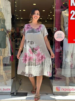 Pembe Çiçek Desenli İthal Elbise Vizon