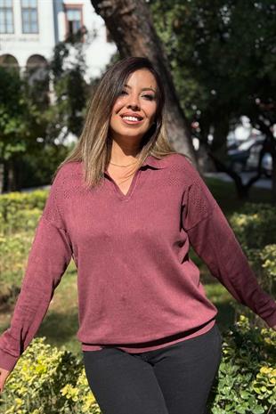 Polo Yaka Ajur Detaylı Pamuk Triko Bordo