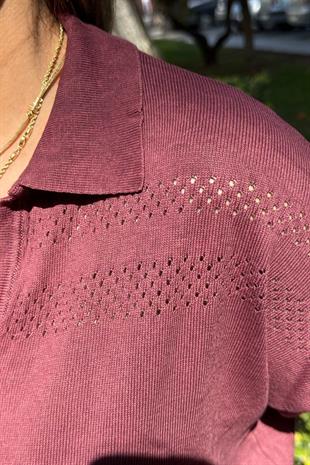 Polo Yaka Ajur Detaylı Pamuk Triko Bordo