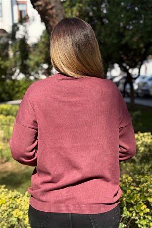 Polo Yaka Ajur Detaylı Pamuk Triko Bordo