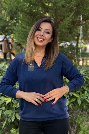Polo Yaka Ajur Detaylı Pamuk Triko Lacivert