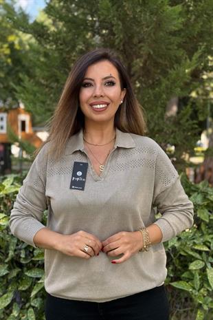 Polo Yaka Ajur Detaylı Pamuk Triko Vizon