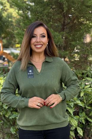 Polo Yaka Ajur Detaylı Pamuk Triko Yeşil
