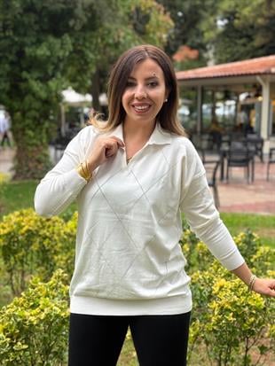 Polo Yaka Baklava Dilim Ajurlu Triko Beyaz