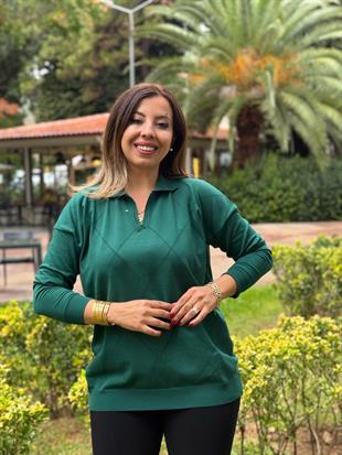 Polo Yaka Baklava Dilim Ajurlu Triko Yeşil