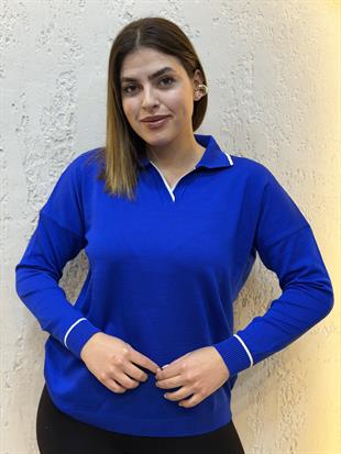 Polo Yaka Çizgili Merserize Triko Bluz Saks Mavi
