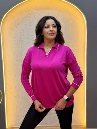 Polo Yaka Çizgili Merserize Triko Bluz Fuşya