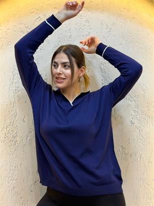 Polo Yaka Çizgili Merserize Triko Bluz Lacivert
