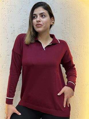 Polo Yaka Çizgili Merserize Triko Bluz Bordo