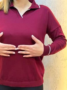 Polo Yaka Çizgili Merserize Triko Bluz Bordo