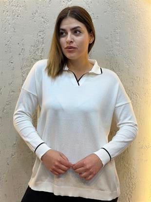 Polo Yaka Çizgili Merserize Triko Bluz Beyaz