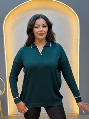 Polo Yaka Çizgili Merserize Triko Bluz Yeşil