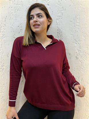 Polo Yaka Çizgili Merserize Triko Bluz Bordo