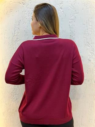 Polo Yaka Çizgili Merserize Triko Bluz Bordo