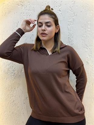 Polo Yaka Çizgili Merserize Triko Bluz Acı Kahve