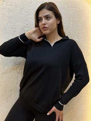 Polo Yaka Çizgili Merserize Triko Bluz Siyah
