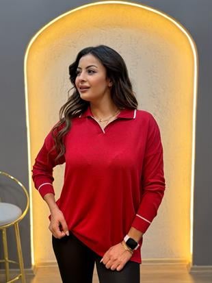 Polo Yaka Çizgili Merserize Triko Bluz Kırmızı