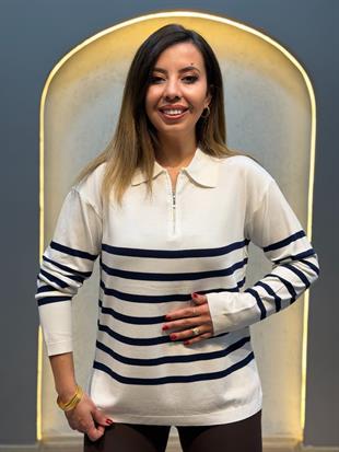 Polo Yaka Fermuarlı Lacivert Çizgili Uzun Kollu Bluz Beyaz