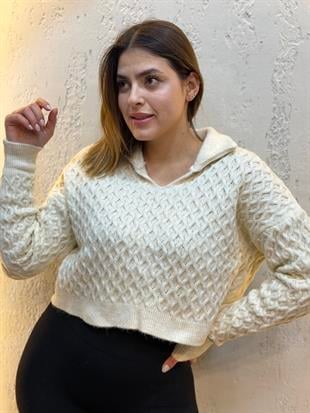 Polo Yaka Örgü Detaylı Crop Kazak Krem