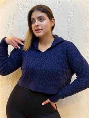 Polo Yaka Örgü Detaylı Crop Kazak Lacivert