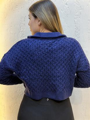Polo Yaka Örgü Detaylı Crop Kazak Lacivert