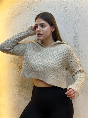 Polo Yaka Örgü Detaylı Crop Kazak Vizon