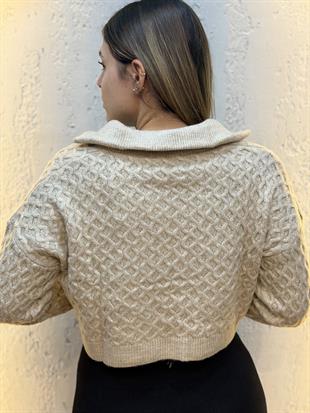 Polo Yaka Örgü Detaylı Crop Kazak Vizon