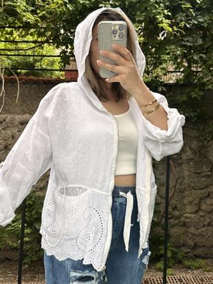 Pul Detaylı %100 Keten İthal Fermuarlı Ceket Beyaz