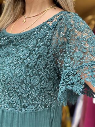 Pul Payet Detaylı İpek İthal Elbise Yeşil