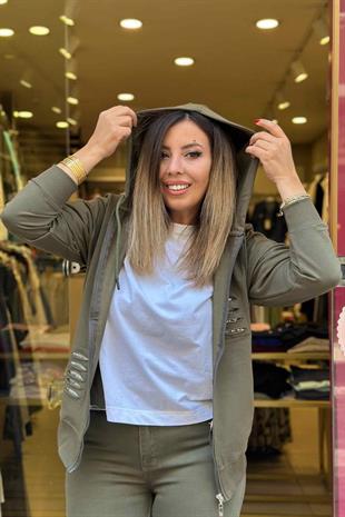 Pul Payet Detaylı Kapüşonlu Fermuarlı Eşofman Üstü Haki