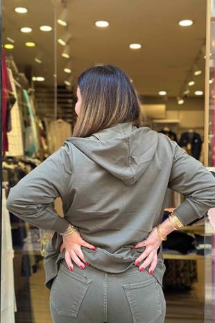 Pul Payet Detaylı Kapüşonlu Fermuarlı Eşofman Üstü Haki