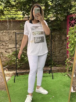 Pul Payet Detaylı Yıkamalı İthal Tişört Beyaz