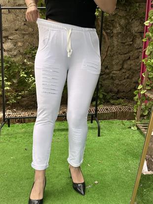 Pul Payetli Eşofman Pantolon Beyaz