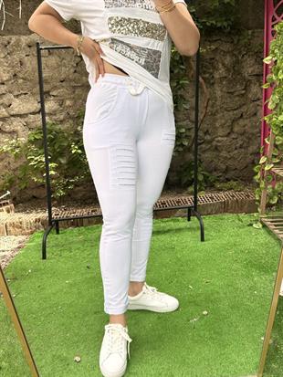 Pul Payetli Eşofman Pantolon Beyaz