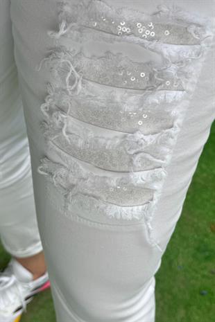 Pul Payetli Jogger Pantolon Beyaz