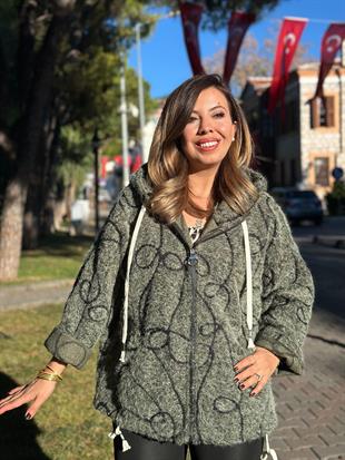 Şerit Detaylı İp Büzgülü Kapüşonlu İthal Keçe Mont Haki