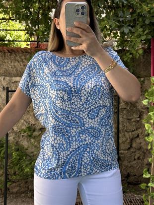 Şal Desenli Kısa Kollu Bluz Mavi