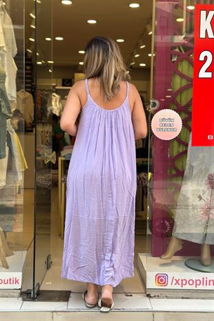 Sim Detaylı Askılı İthal Pamuk Elbise Lila