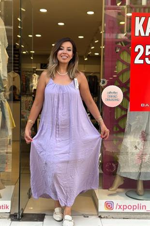Sim Detaylı Askılı İthal Pamuk Elbise Lila