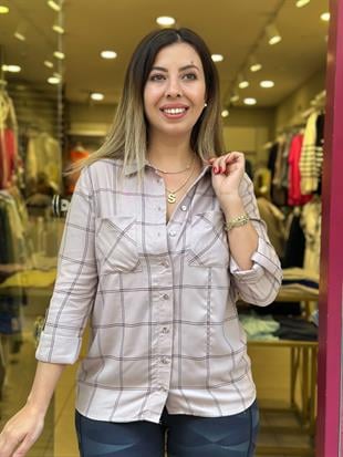 Sim Detaylı Kol Katlamalı Gömlek Pudra
