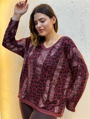 Sim Geçişli Leopar Desen İthal Bluz Bordo