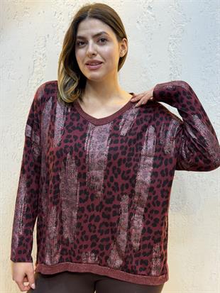 Sim Geçişli Leopar Desen İthal Bluz Bordo