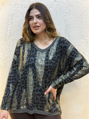 Sim Geçişli Leopar Desen İthal Bluz Füme