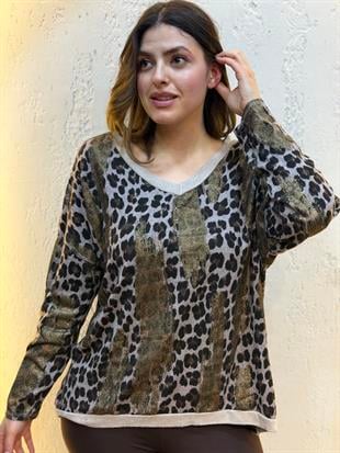 Sim Geçişli Leopar Desen İthal Bluz Vizon