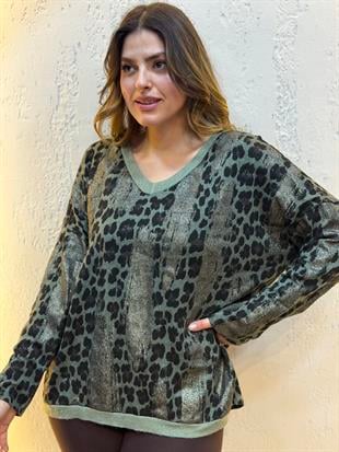 Sim Geçişli Leopar Desen İthal Bluz Haki